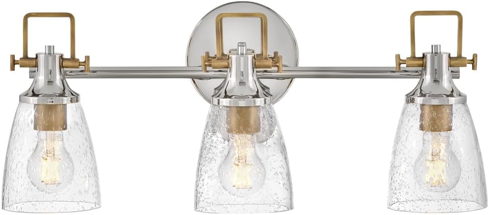 Hinkley Easton Three Light Bath Vanity Fixture - Modern Industrial, Clear Seedy Glass Shade, Mounts Up or Down - Polished Nickel + Heritage Brass