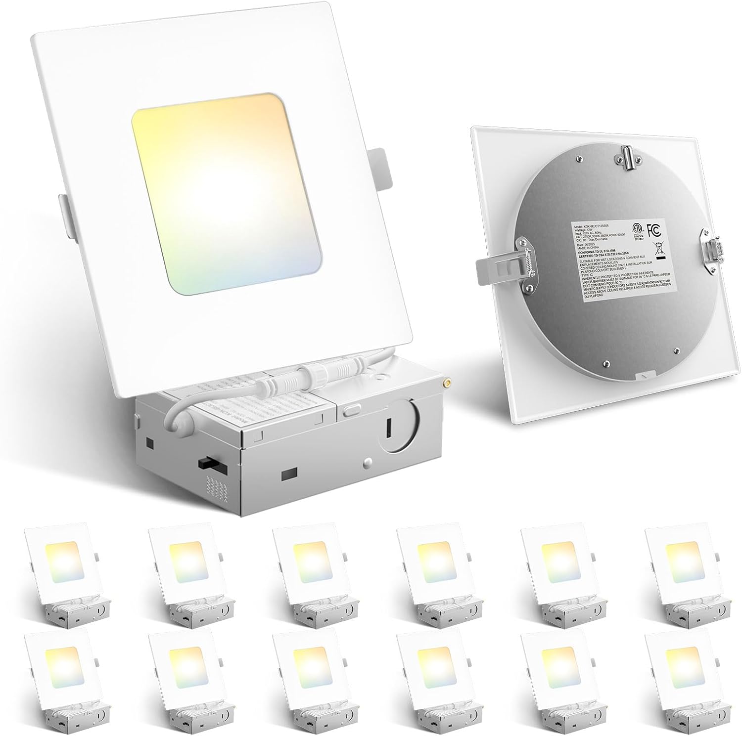 Amico 12 Pack 4 Inch Ultra-Thin LED Square Recessed Light with Junction Box, 5CCT 2700K/3000K/3500K/4000K/5000K Selectable, 700LM Brightness, Dimmable Canless Wafer Downlight, 10W, ETL&FCC