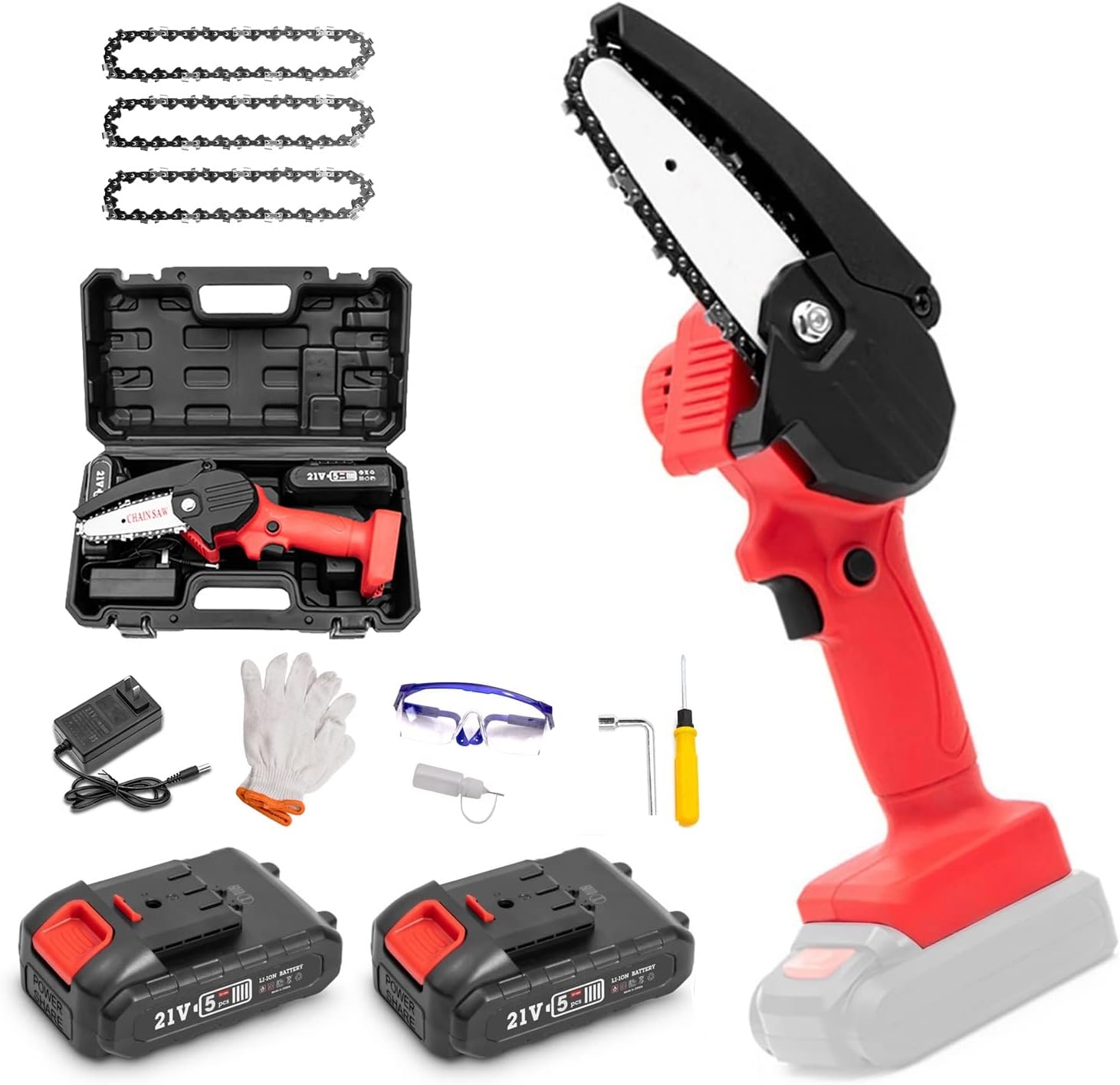 Mini Cordless Chainsaw Electric, Hand Portable Chain Saw, 4-inch Small Pruning Saw, with Security Lock,2 Batteries Powered Kit and 4Pcs Chains,for Tree Trimming Branch Wood Cutting