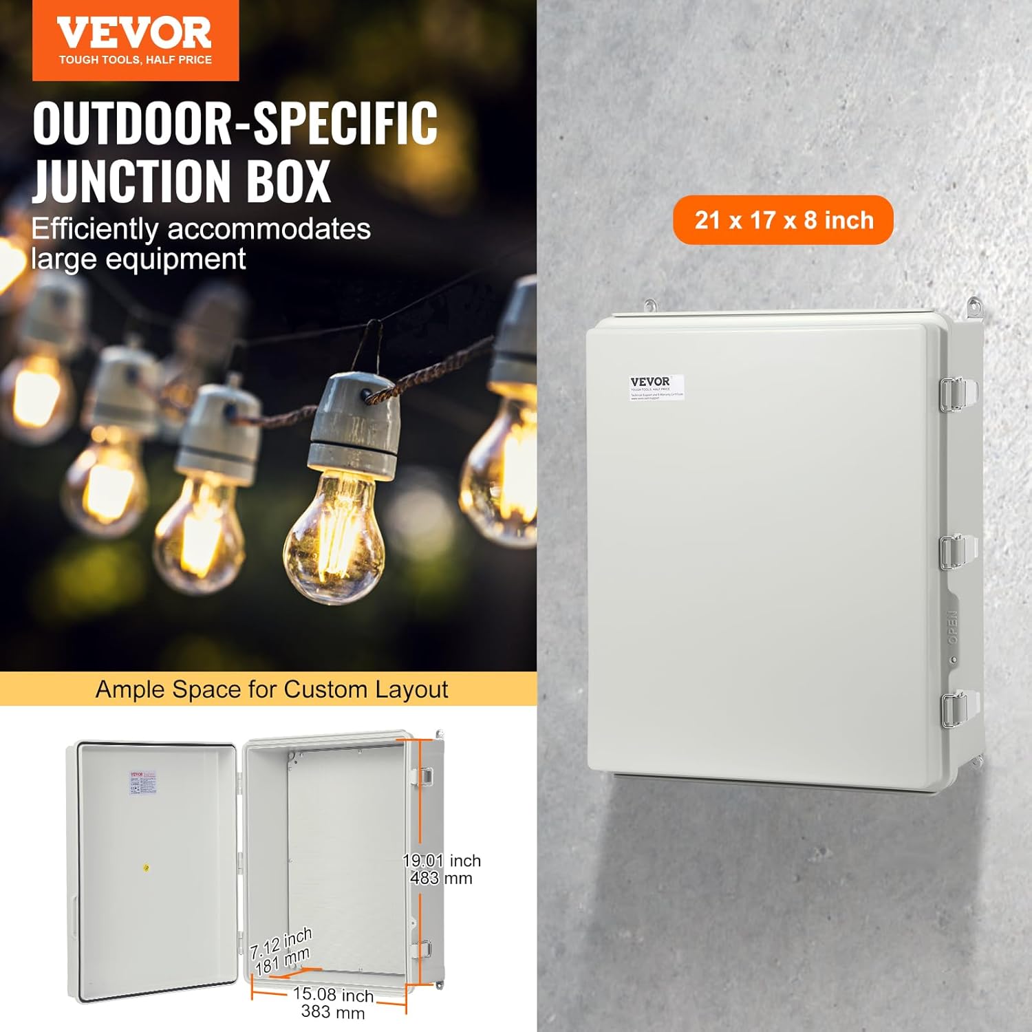 VEVOR Weather-Resistant Junction Box, Dimensions: 20.87x16.92x7.87 inches, Crafted from Durable ABS Plastic with a Secure Hinged Lid and Stainless Steel Lock, IP67 Rated to Ensure Protection Agains