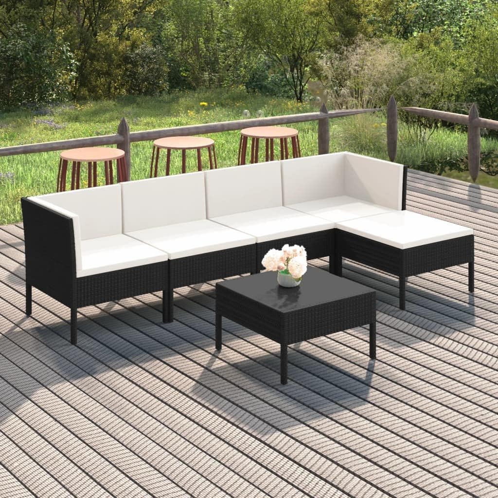 Garden Lounge Set Black with Cream White Cushions, 6-Piece PE Rattan Outdoor Patio Furniture, Modular Seating for Balcony, Weather-Resistant