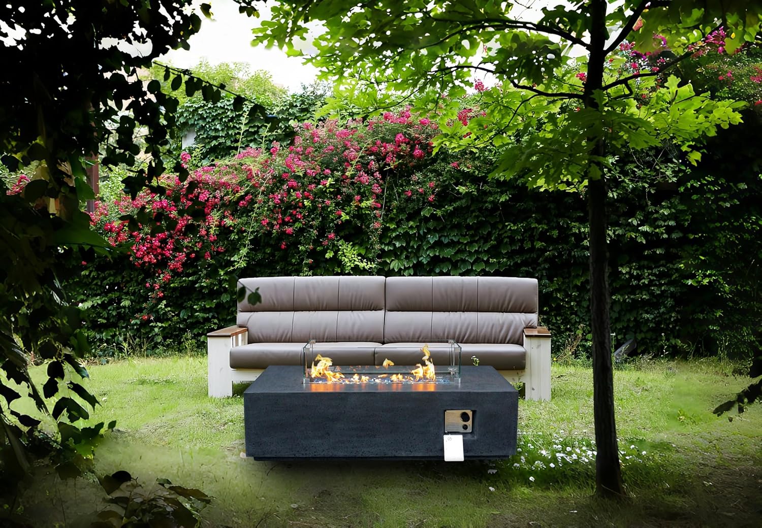 Penau 52 Inch Outdoor Concrete Propane Gas Fire Pit Table, 65000 BTUs, Dark Gray Color, Includes Glass Wind Guard and Waterproof Cover