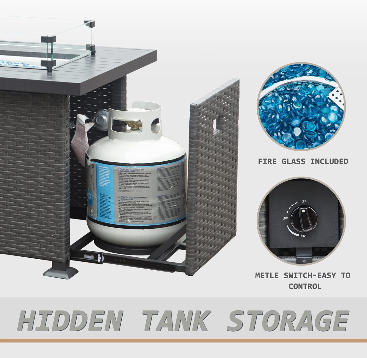 Domi 43in Propane Fire Pit, 50,000 BTU Gas Fire Pit Table with Lid, Glass Rocks, ETL Certification, Classic Firepit with Rattan Wicker Base and Wood Look Tabletop Drak Gray