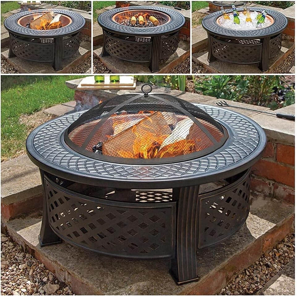 Fire Bowl Outdoor, Round Fire Pit, Wood Burning Pit with Spark Screen and Poker, Waterproof Cover 32Inch for Camping, Outdoor Heating, Bonfire and Picnic