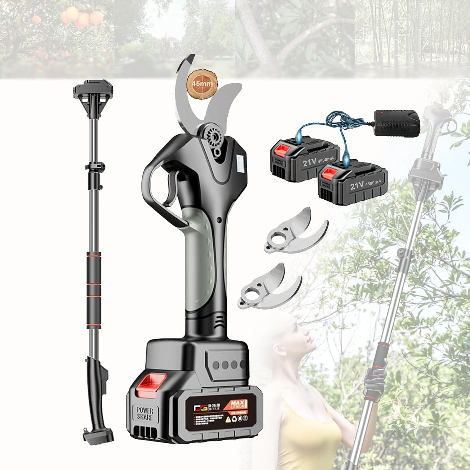 Electric Pruning Shears, 21V Cordless Pruning Shears, 45mm Electric Garden Secateur, Long Reach Pruner Branch Scissors with 2.1m Telescopic Pole Lcd Display Screen for Hedge, Bush, Orchard,2Battery