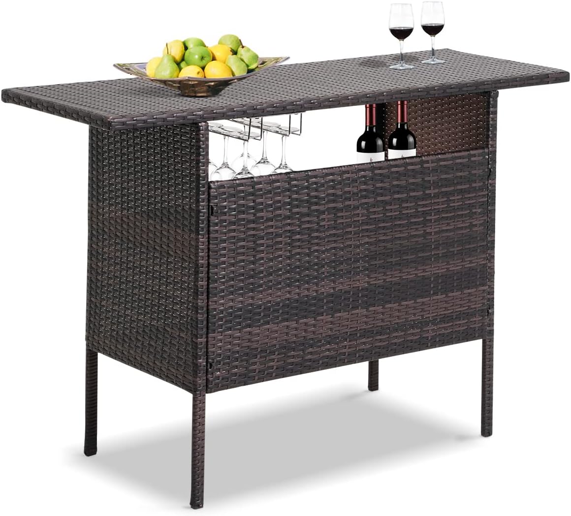 Outdoor Patio Wicker Bar Counter Table with 2 Steel Shelves and Goblet Wine Glass Holders for Pool, Party, Backyard