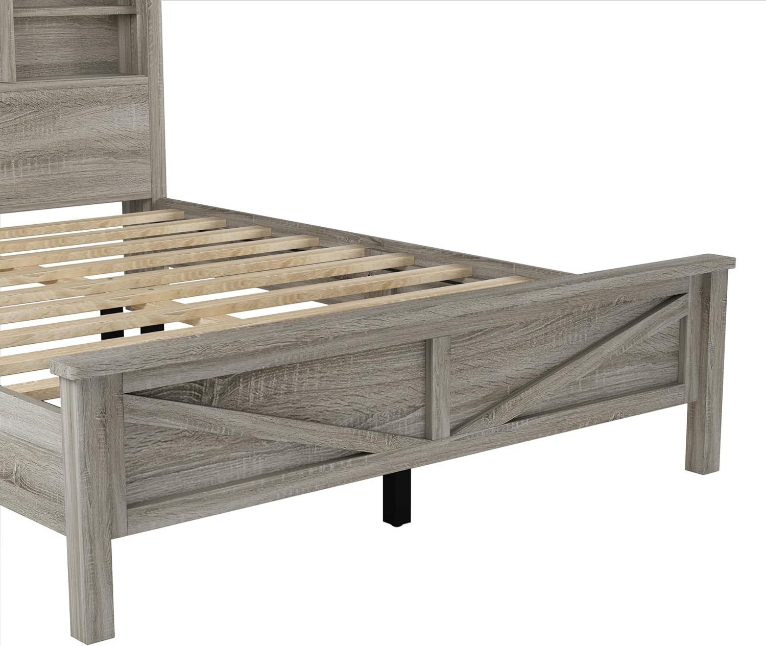 Farmhouse Bed Frame with Storage Headboard and Charging Station, Wood Queen Bed Frame with Sliding Doors, Farmhouse Platform Bed with USB Ports Antique Gray (Product H)