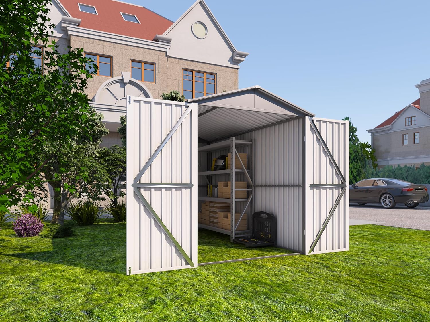 Motorcycle Outdoor Storage Shed with Window, Metal Backyard Garden Storage House Without Tracks & Fixtures, 66.2