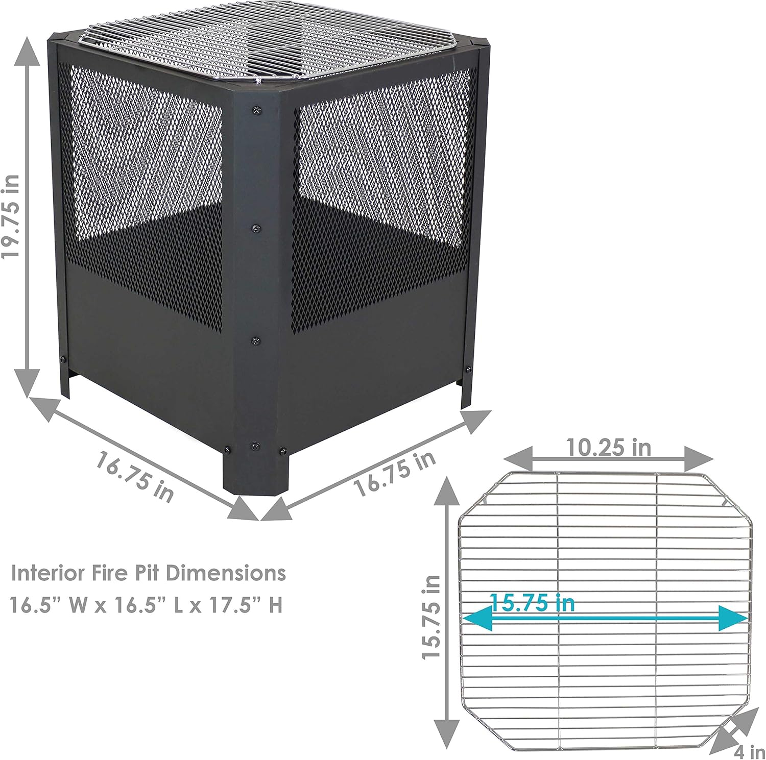 Sunnydaze Grelha 16-Inch Steel Outdoor Fire Pit with Grill - Square Wood-Burning Fire Pit for Outside - Black Finish