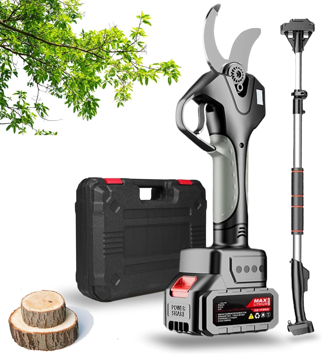 Cordless Pruning Shears with 2.1m High Reach Extension Poles,professional electric pruning scissors,21V/4500mAh Lithium Battery,78mm Max Cutting Diameter,for Hedge, Bush, Orchard,‎1Battery