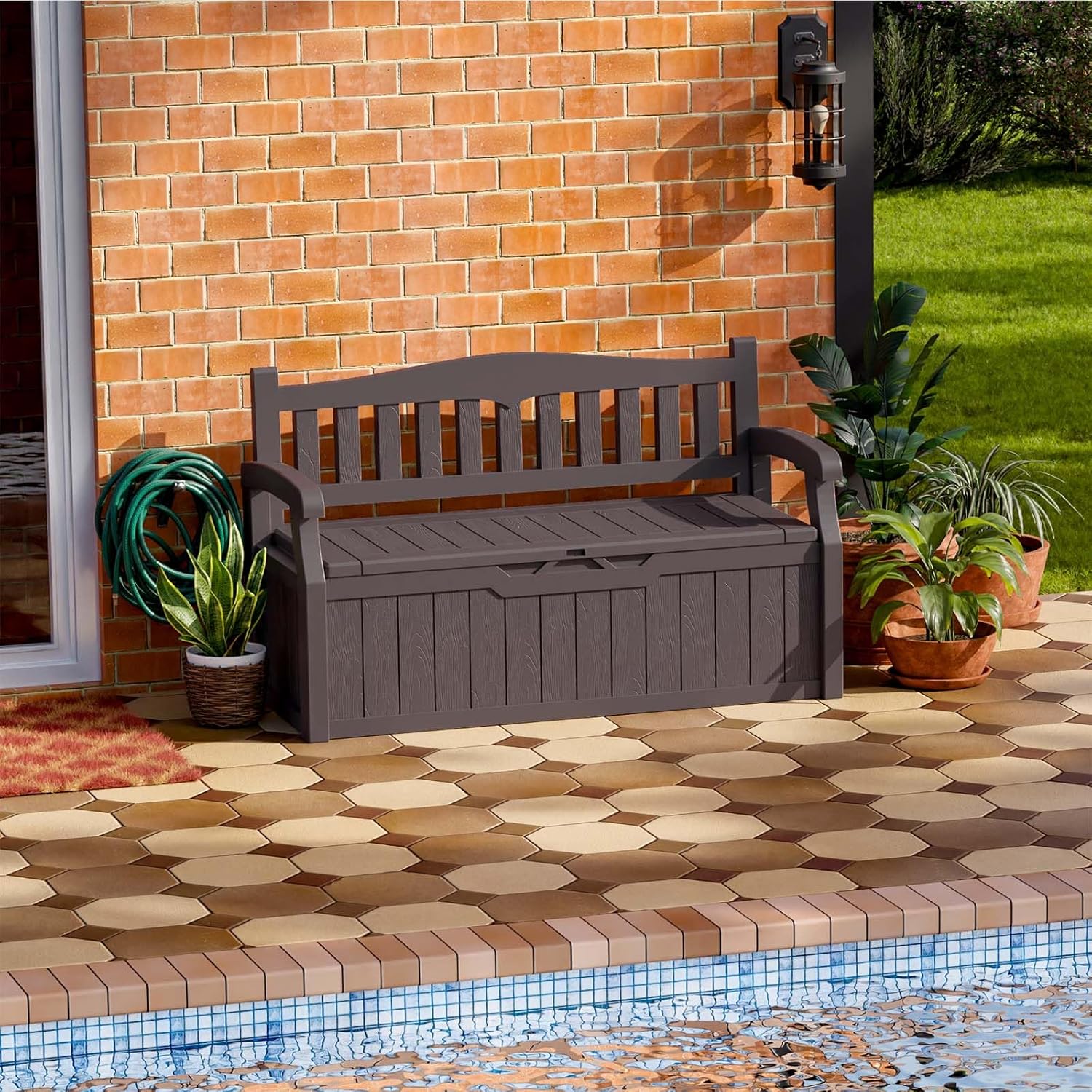 Patiowell 70 Gallon Plastic Storage Bench, Water-Resistant Deck Box for Patio Furniture, Garden Tools, Pool Storage and Outdoor Cushions, Brown