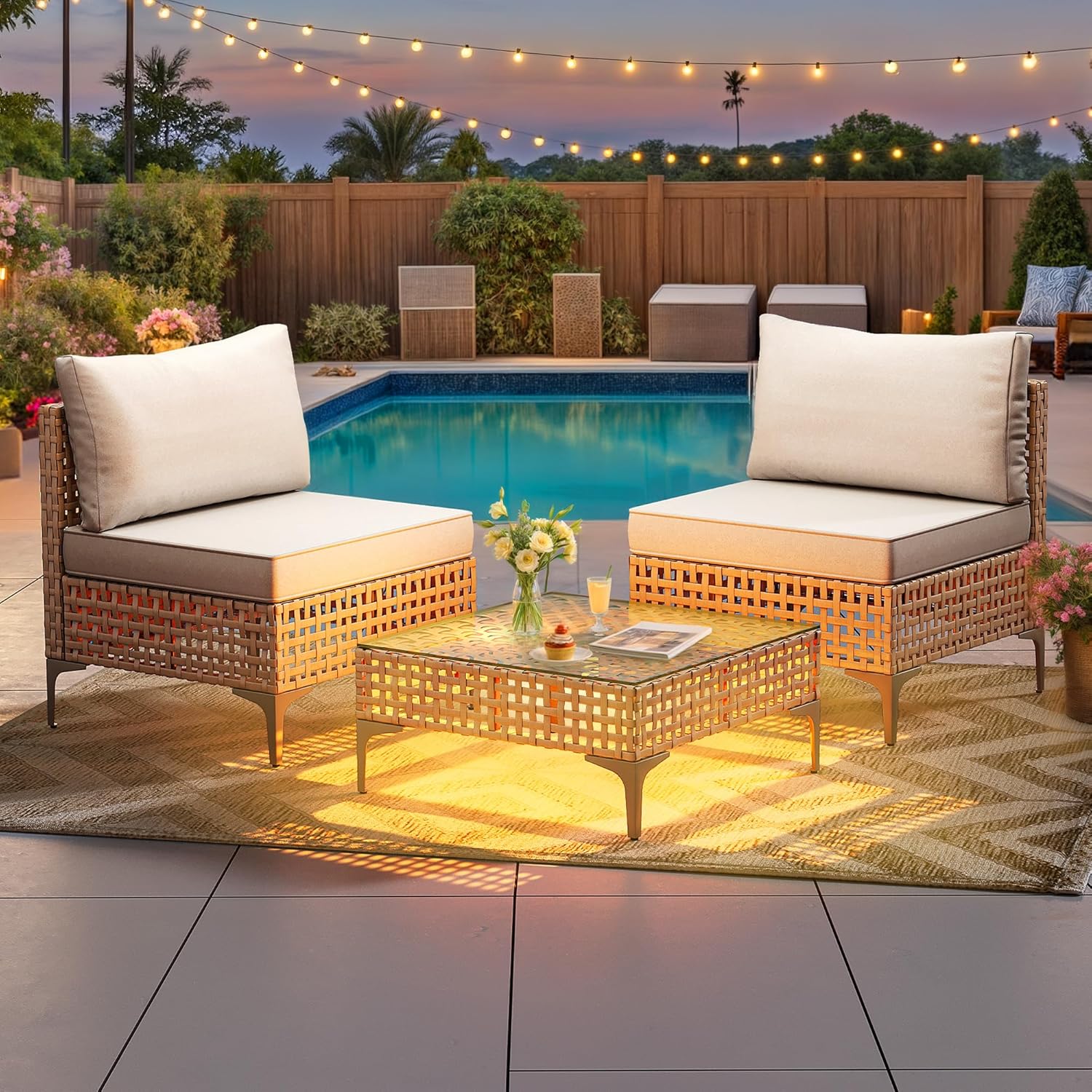 YITAHOME Wicker Patio Furniture Set 3 Pieces Outdoor Sectional Sofa with Solar Light Table Outdoor Couch with Waterproof Cushions All-Weather Rattan Patio Conversation Set for Indoor/Outdoor