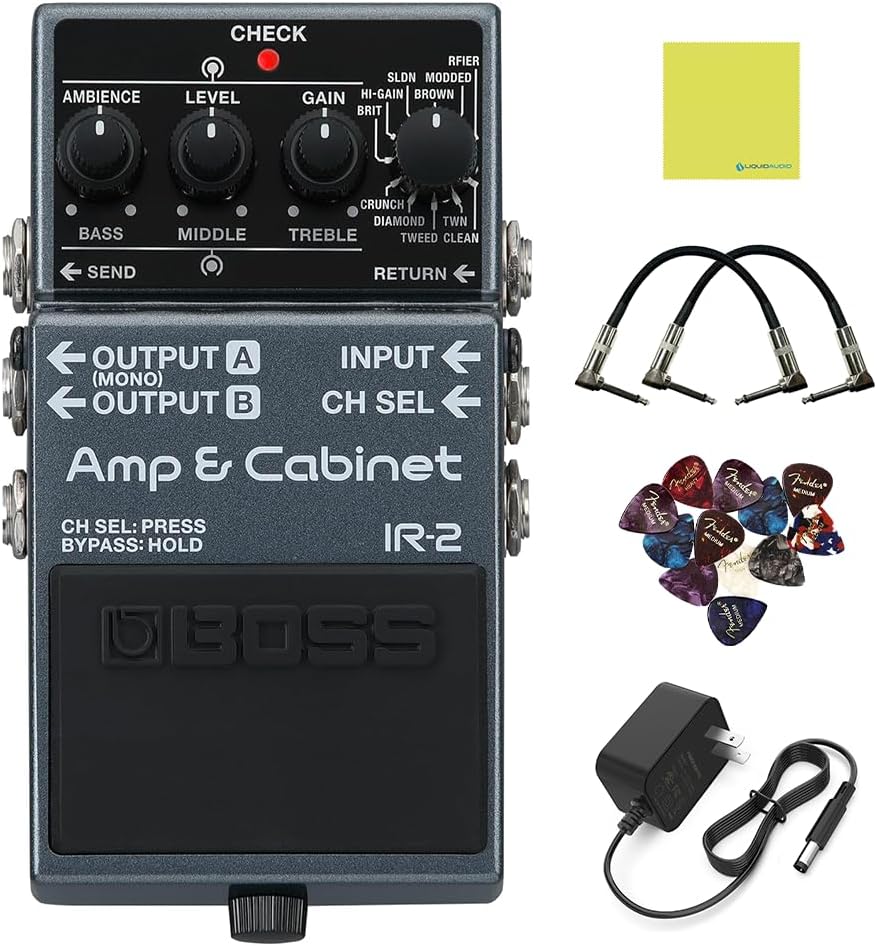 Boss IR-2 Amp & Cabinet Emulator Bundle with 2 Right Angle Patch Cables, 12 Guitar Picks, 9V Power Adaptor & Polishing Cloth – 11 Amp Types, Celestion Cab IRs & USB-C Recording