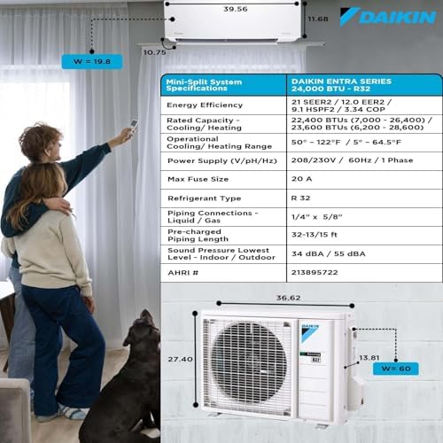 Daikin 24,000 Btu 21 SEER2 Oterra Series Ductless Mini-Split Wall Mount Heat Pump Air Conditioner - R32 w/Installation Kit, 1/2 Whip, 30A Disconnect, and Wall Bracket