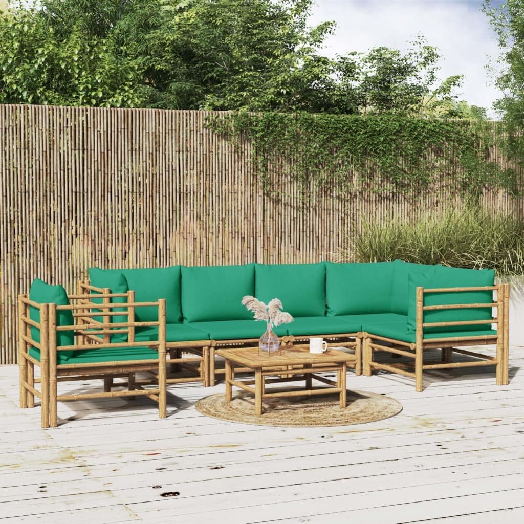 7 Piece Patio Lounge Set with Green Cushions Bamboo,Bamboo Patio Lounge Set for Relaxing Moments in Any Weather Patio Furniture Sets, Outdoor Furniture Sets