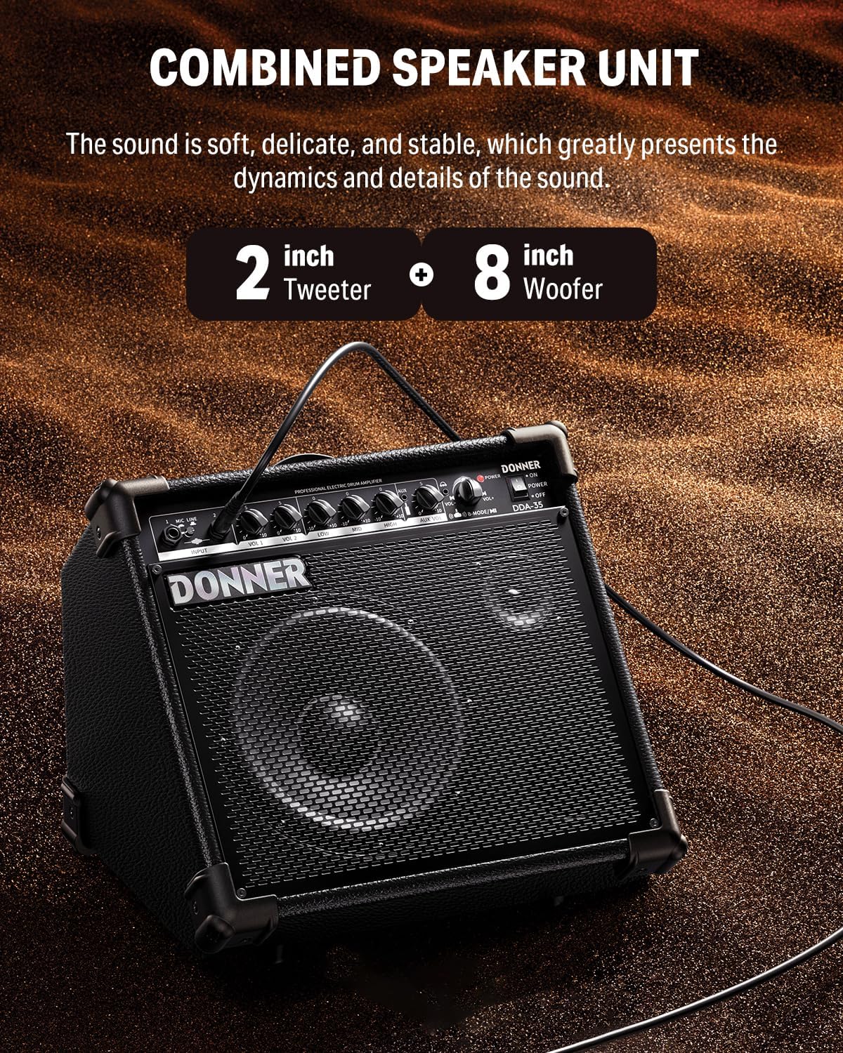 Donner 35-Watt Electronic Drum Amplifier DA-35, 2x8 Speakers, 2-Channel, 3-Band EQ, DI Out, Wireless Audio, Black, Compatible with Electronic Drum & Keyboard, Digital Modeling Amplifier