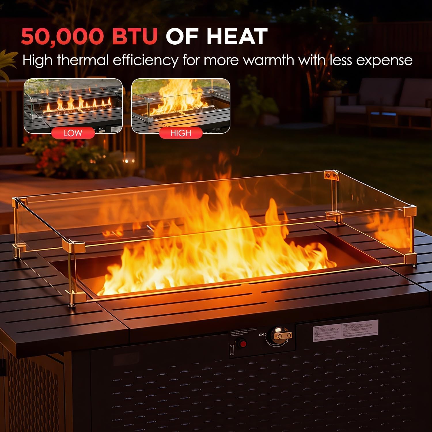 FDW 43 Inch Outdoor Propane Fire Pit Table with Glass Wind Guard, Rectangular Patio Fire Table, 50,000 BTU Smokeless Gas Firepit for Backyard, Garden & Poolside