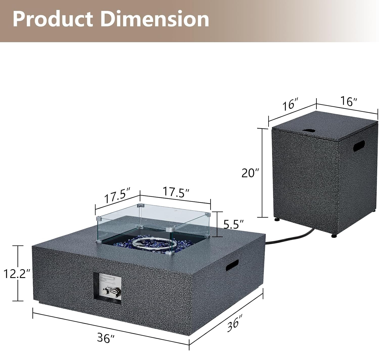 2-Piece Outdoor Propane Firepit Table Set w Tank Table, 36 in Square Gas Fire Pit Table w 16 in Tank Side Table, 50000 BTU Gas Firepit Table w Removable Lid, Wind Guard, Blue Glass Rocks, Rain Cover