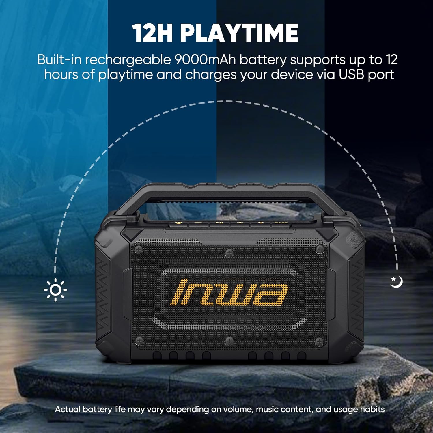 Inwa Portable Bluetooth Speakers for Jobsite - 60W Waterproof Loud Outdoor Speaker with Bass, Wireless Boombox w/Stereo Sound & RGB Lights, 12H Playtime, Durable for Work, Workshop, Garage, Camping