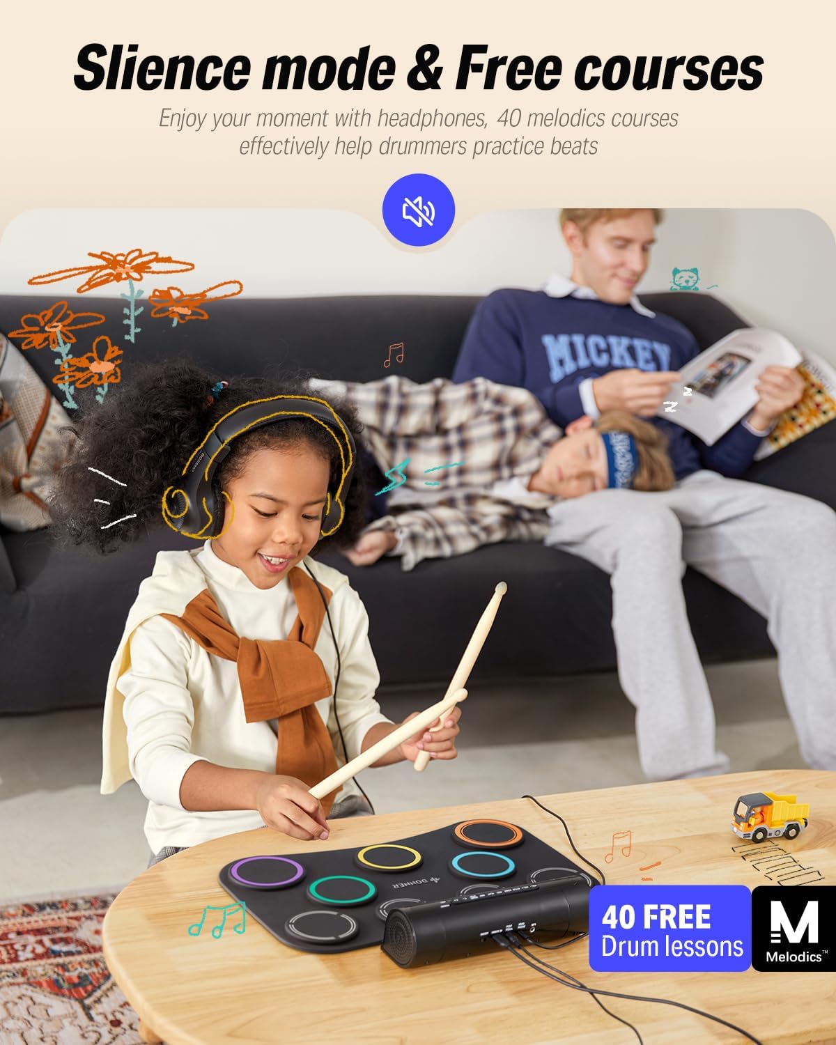 Donner Electric Drum Pad, 9 Pads Electronic Drum Set Roll Up Quiet Drum Pad Built-in Speaker, 40 Drum Lessons Included, Kids Holiday & Birthday Instrument Toys