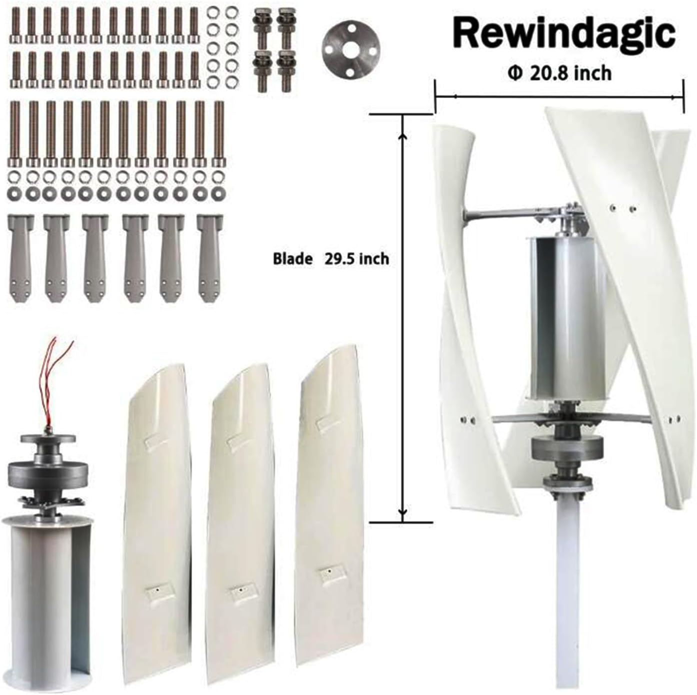 4200W Home Vertical Wind Energy Turbine Generator Kit, 12V 24V 48V Low Noise Coreless Low RPM Windmill Generator W/Controller (White),12V