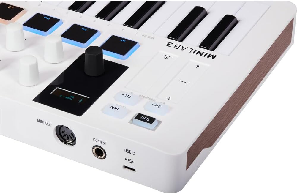 Arturia MiniLab 3 Compact MIDI Keyboard and Pad Controller | White Bundle with 6ft MIDI Cable + Microfiber Cleaning Cloth (3 Item)