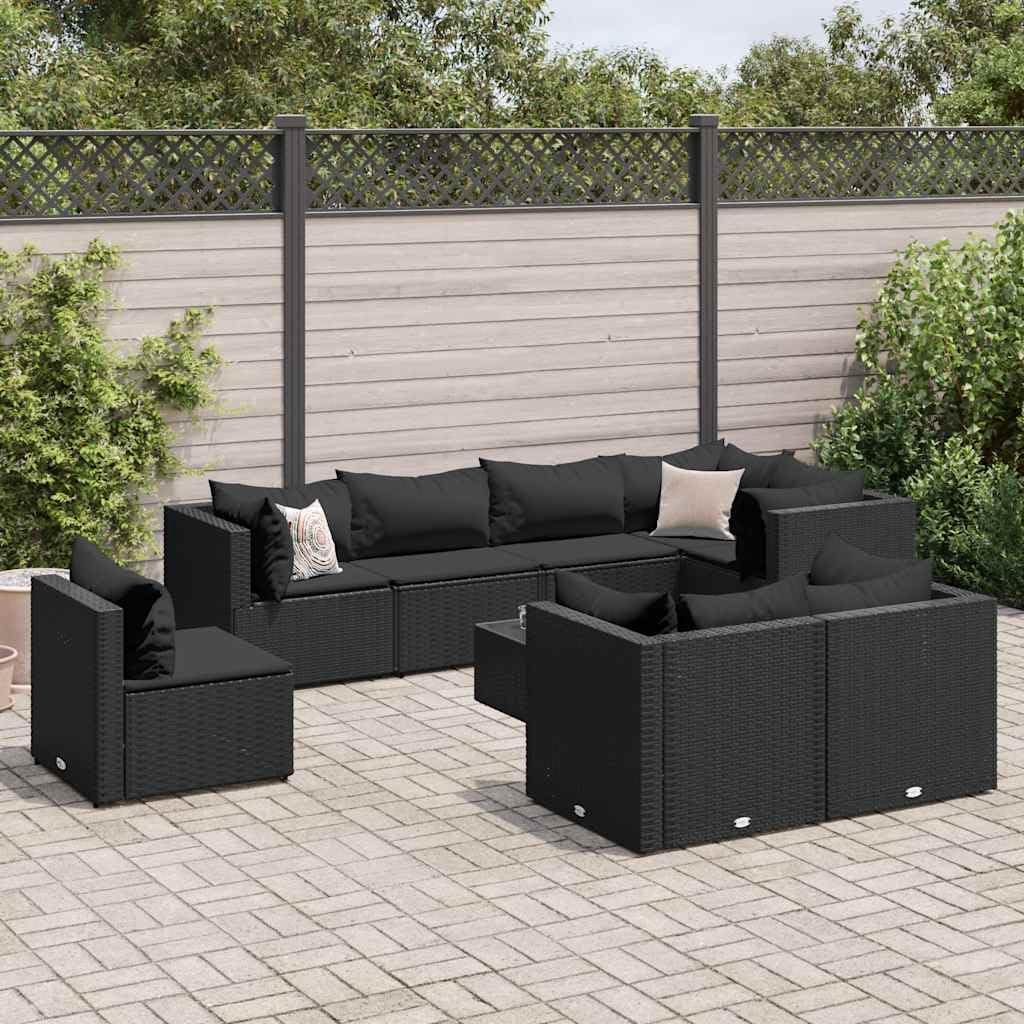 9 Piece Patio Lounge Set with Cushions Black Poly Rattan, Patio Furniture Sets, Outdoor Furniture