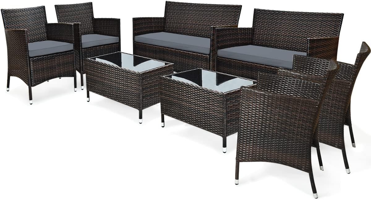 COSTWAY 8PCS Rattan Patio Furniture Set, Outdoor Wicker Rattan Chairs with Coffee Table, Rattan Cushioned Conversation Set for Backyard Balcony Porch Poolside, Grey