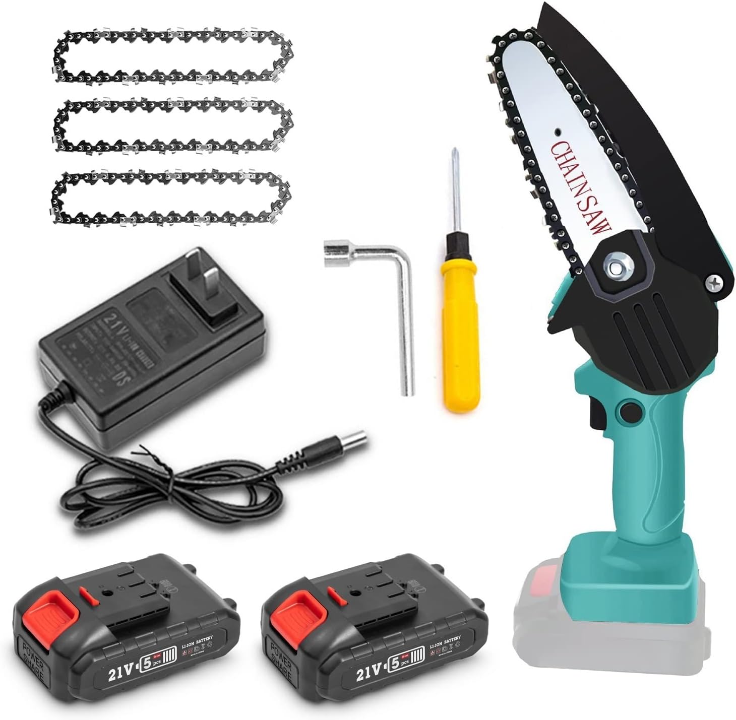 Mini Chainsaw 4-Inch Battery,Cordless Power Chain saws with Security Lock,with 1500mAh 21V 1.5Ah 2 Batteries Powered Kit and 4Pcs Chains,for Tree Trimming Wood Cutting