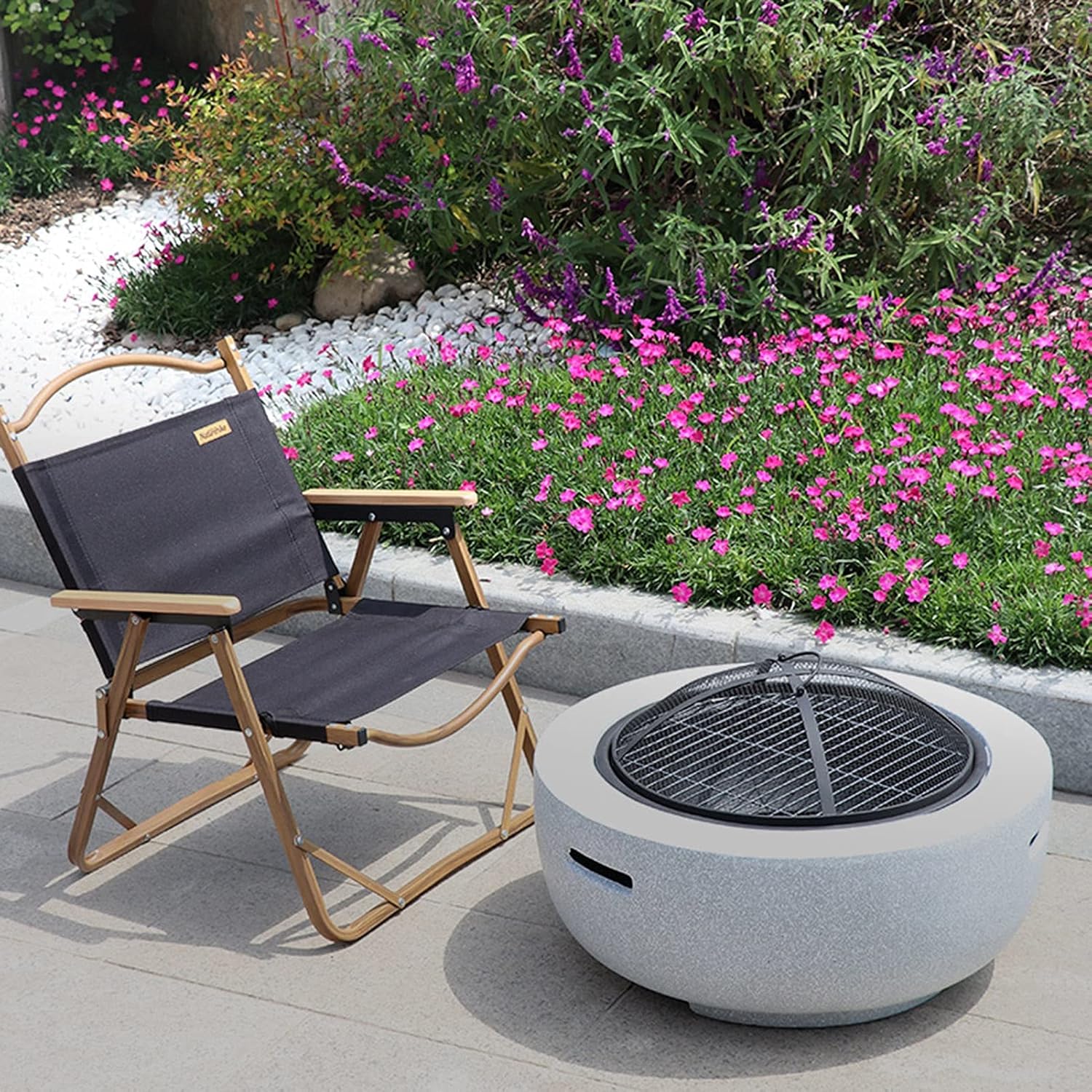 Outdoor Fire Pit Garden Wood Burning Fire Pit BBQ Grill Table - 23“,Outdoor Wood Burning Fire Bowl with Spark Screen Cover