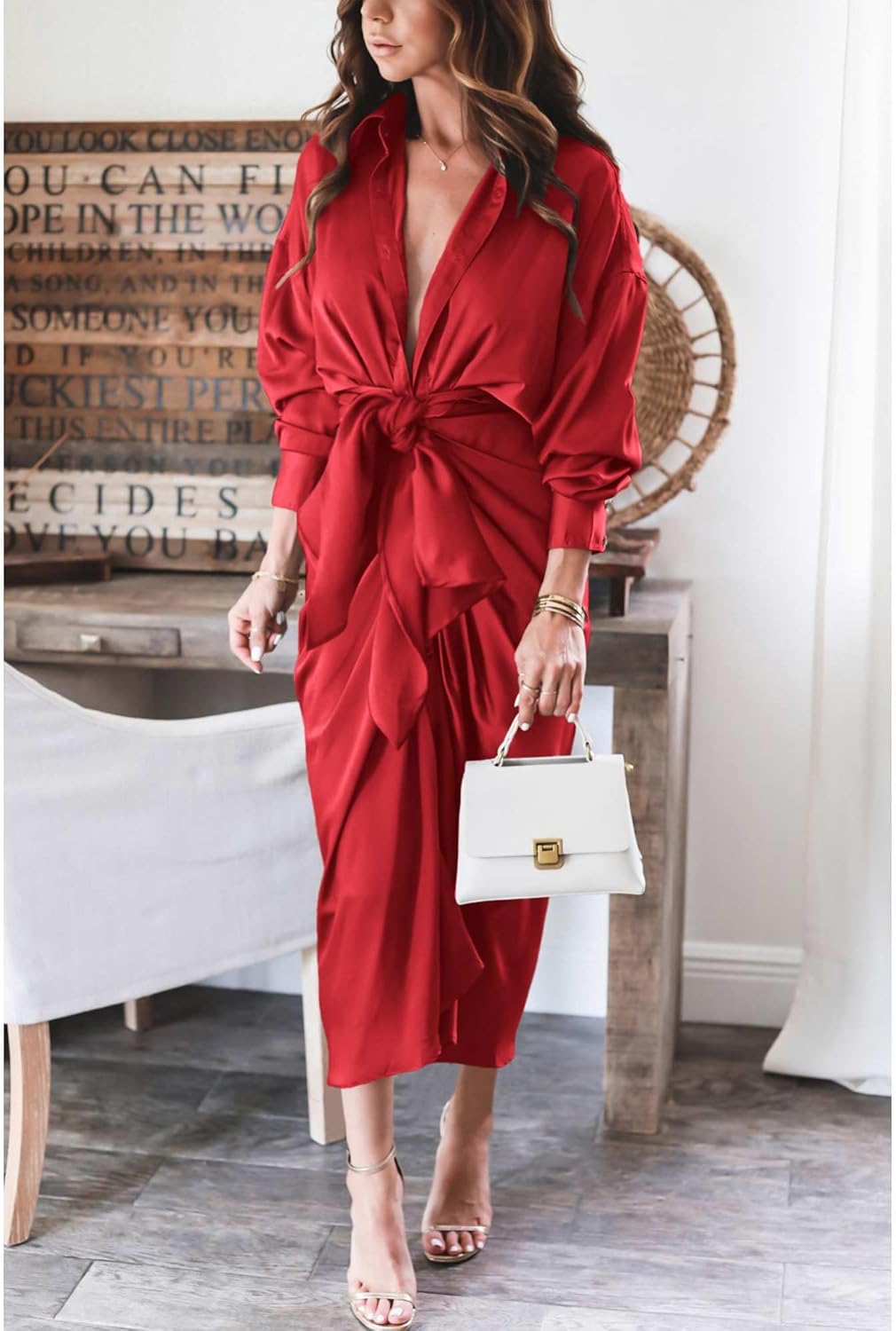 BTFBM Summer Dresses for Women 2026 Long Sleeve Lapel V Neck Button Down Elegant Belted Ruched Satin Shirt Spring Dress