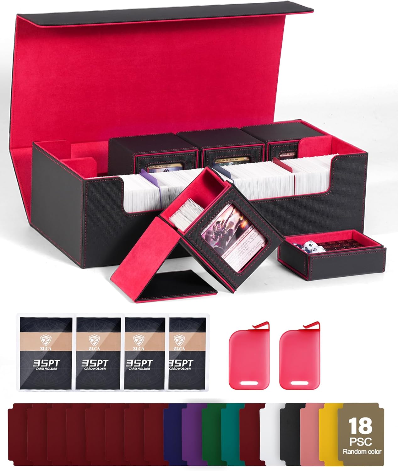 ZLCA MTG Card Storage Box 5 in 1,Large Card Deck Case for TCG Magic Sports Game Cards（Black&Red）