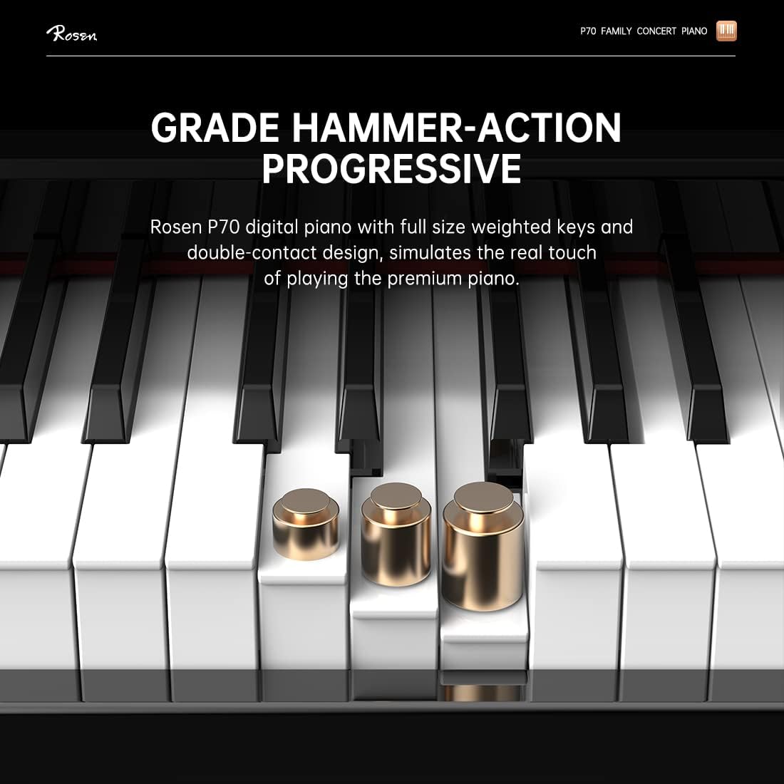 Rosen P70 Digital Piano 88 Key Home Piano Full Size Weighted Keyboard Piano with Stand Premium Upright for Beginner Professional luxury Electric Keyboard with Triple Pedal & Sliding Key Cover,Black