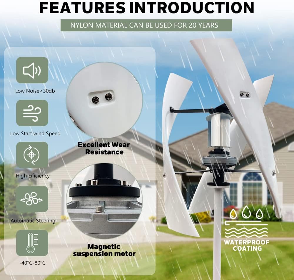 3 Blade Vertical Household Wind Turbine Generator, Vertical Axis Wind Turbine with DC 12V/24V Waterproof Controller for Home(800W)