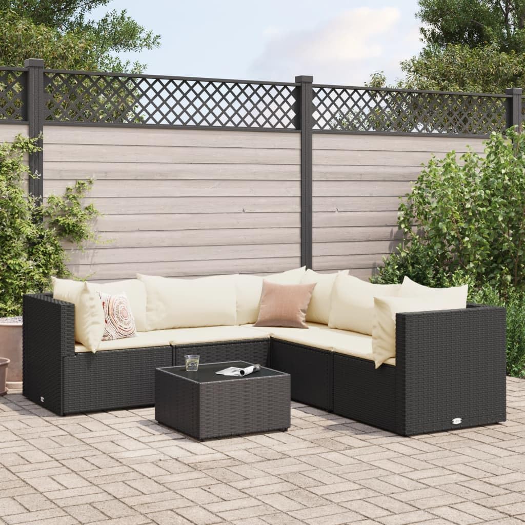 6 Piece Patio Lounge Set with Cushions Black Poly Rattan,AllWeather Rattan Lounge Set: Modular and Comfortable for Outdoor Entertaining Furniture Sets for Patio, Lawn & Garden