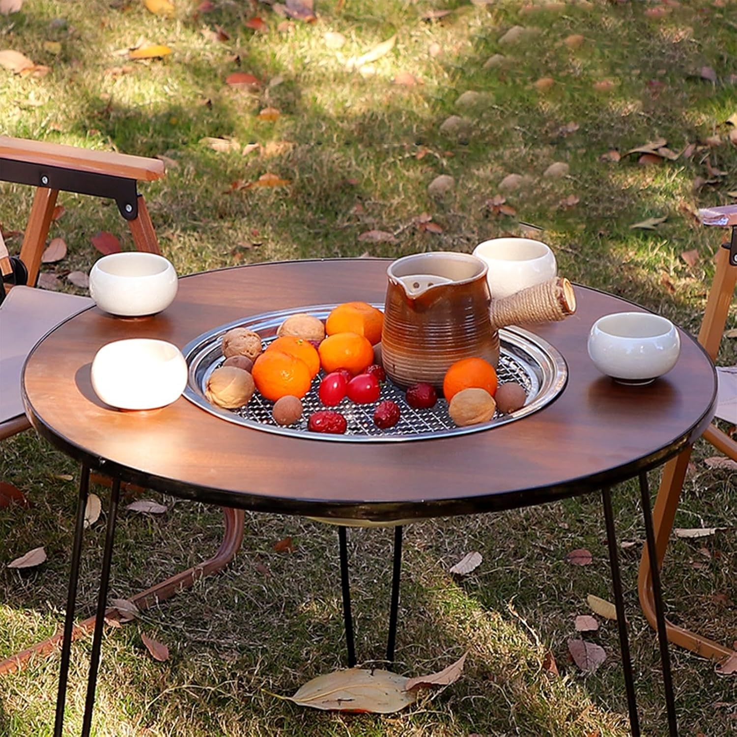 TemkIN Small Outdoor Fire Pit Table, 3 in 1 Lightweight Firepit Stove Table, Charcoal/Wood Burning Fire Pit Dining Table for Bonfire and Picnic, 23.6 * 23.6 Inch, Picture Color