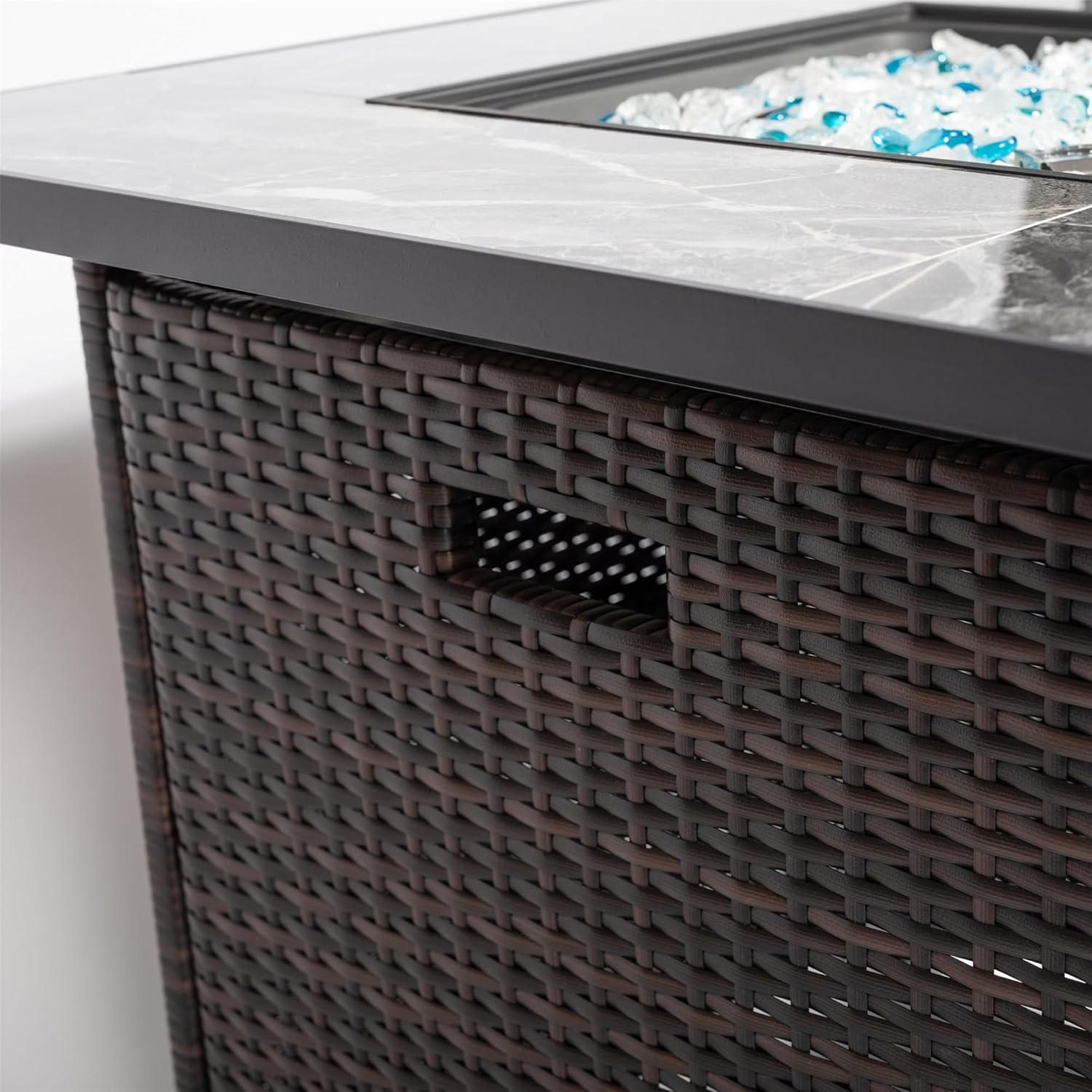 Deluxe Outdoor Fire Table, 30-inch Propane Gas Pit with Ceramic Tile Tabletop and Rattan Wicker Body, Includes Lid, 40000 BTU Heat Output, Electronic Ignition, with Glass Rocks and Rain Cover