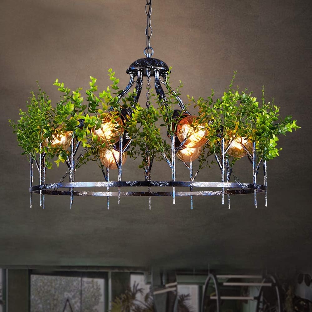 Chandelier Vintage Creative Simulated Plastic Green Leaves Pendant Light Fixture Blue and White Porcelain Color Wrought Iron Industrial Retro Ceiling Lighting 6 Heads E27 Fitting Height Adjusta