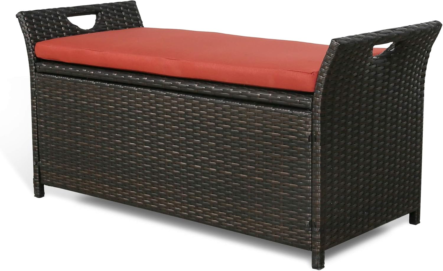 PEAK HOME FURNISHINGS Patio Wicker Storage Box, Outdoor Rattan Storage Bench Deck Bin with Cushion (Red)