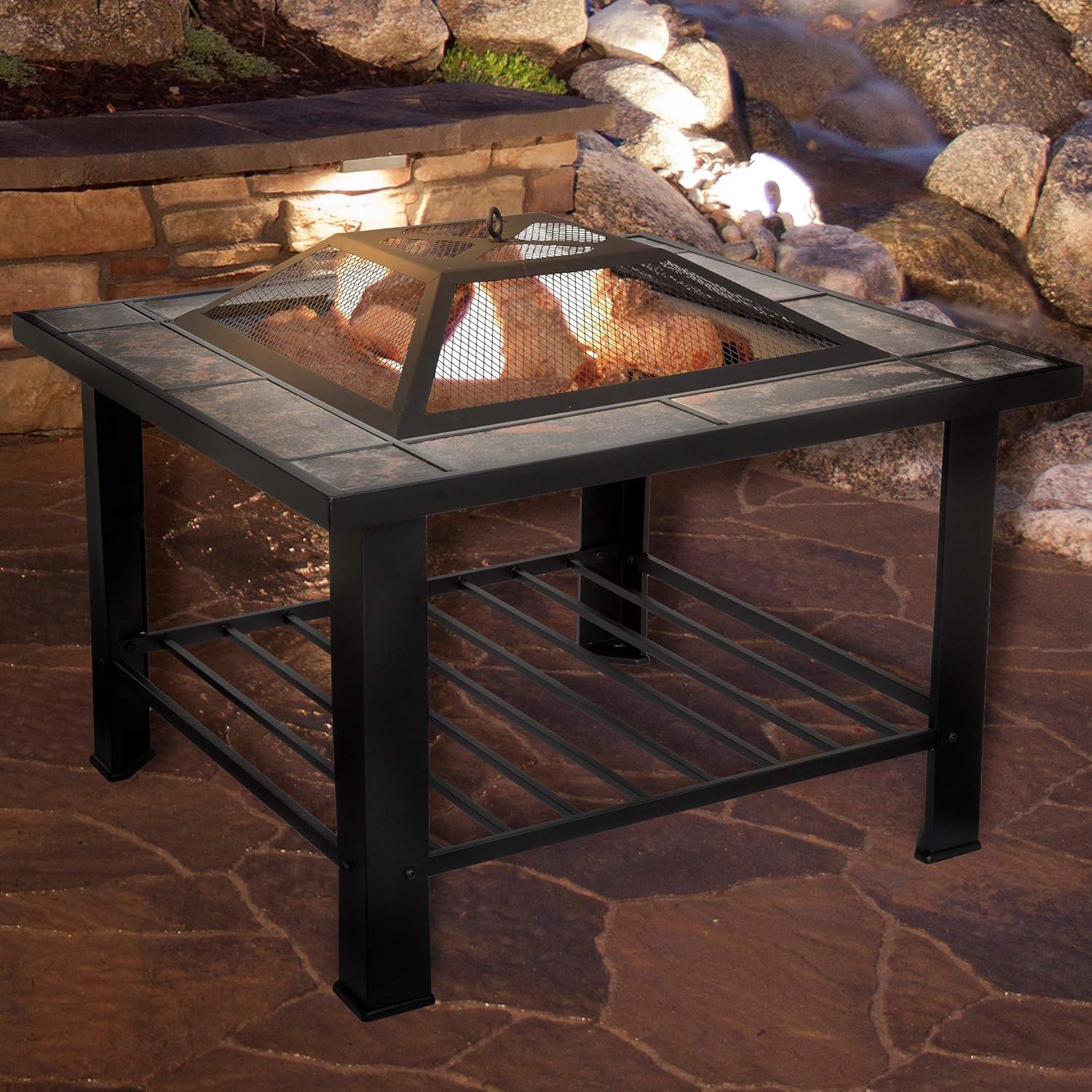 Pure Garden Fire Pit Set, Wood Burning Pit - Includes Screen, Cover and Log Poker - Great for Outdoor and Patio, 30 inch Square Marble Tile Firepit