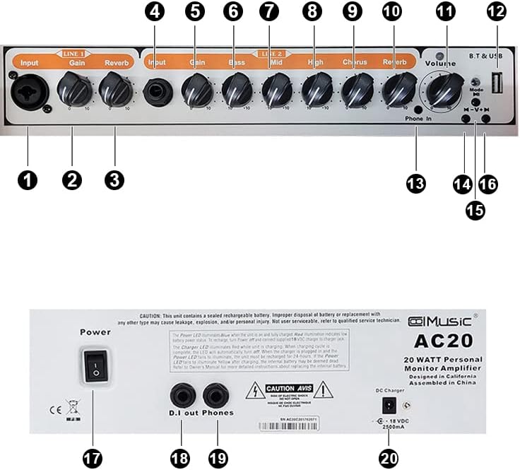 Acoustic Guitar Amplifier, 20 Watt Bluetooth Amp for Guitar Acoustic with Reverb Chorus Effect, 3 Band EQ（Including Microphone and Audio Cable）