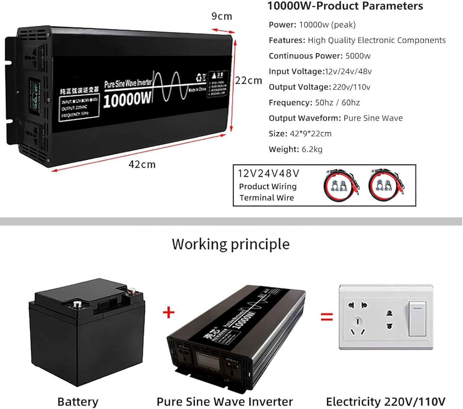 Pure Sine Wave Inverter 4500W/7000W/10000W Power Inverter 12V/24V/48V to 110V/220V DC to AC Converter Car Voltage Converter for RV Camping Car and Home Solar System,10000W-24V