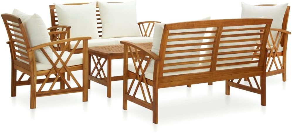 Furniture Sets 5 Piece Patio Lounge Set with Cushions Solid Acacia Wood,Vintage Wooden Patio Lounge Set with Cream White Cushions for Garden, Patio, and Outdoor Spaces Garden Conversation Sets