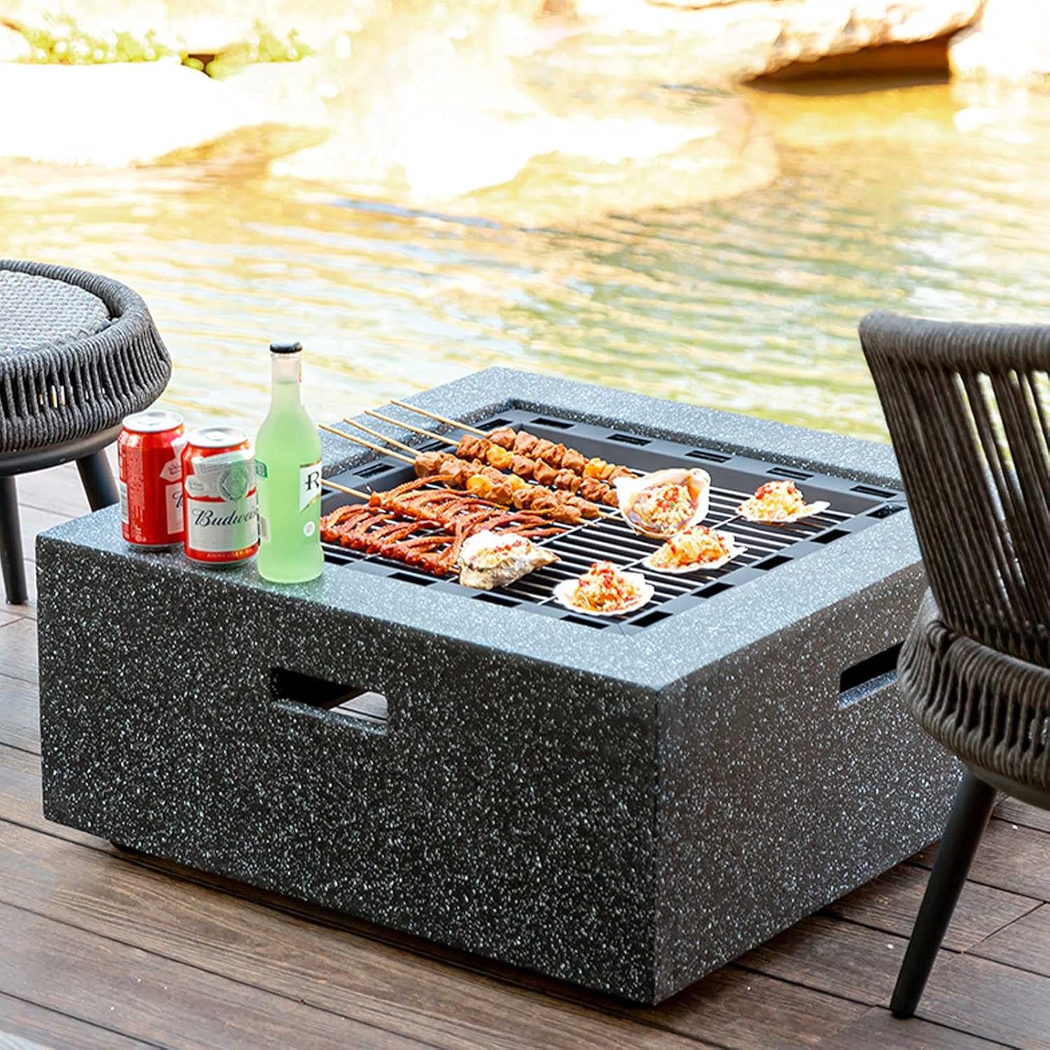 Outdoor Charcoal Fire Pit Table - Square Base Patio Heater - 3 in 1 Barbecue Firepits for Outside Balcony Backyard