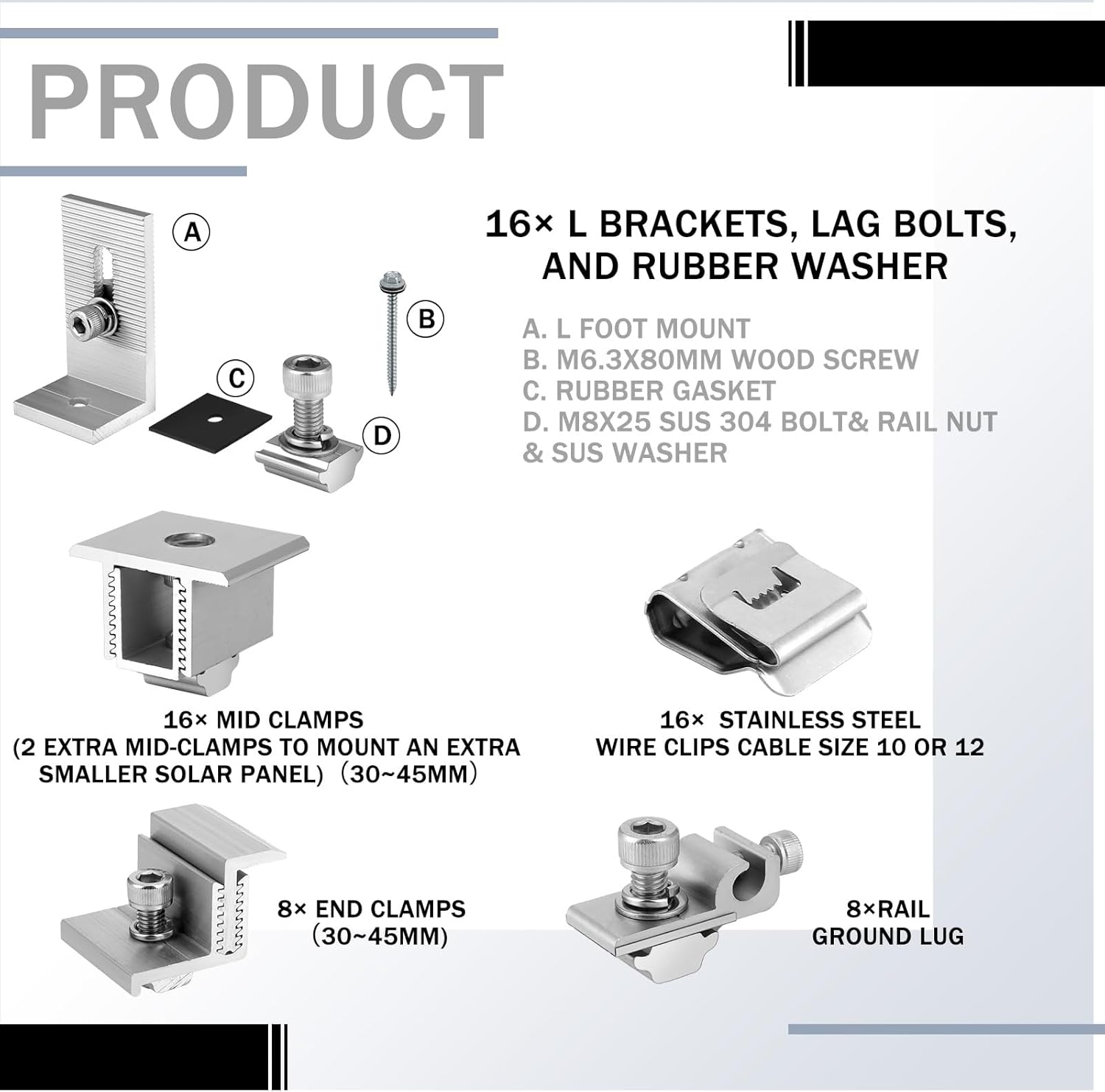 Tandefio Solar Panel Mounting Kit for 8-10 Solar Panels, Panel Kit for Shingle Roof, Adjustable with Clamps, L Shape Brackets, 88 Inch Rails(Silver)