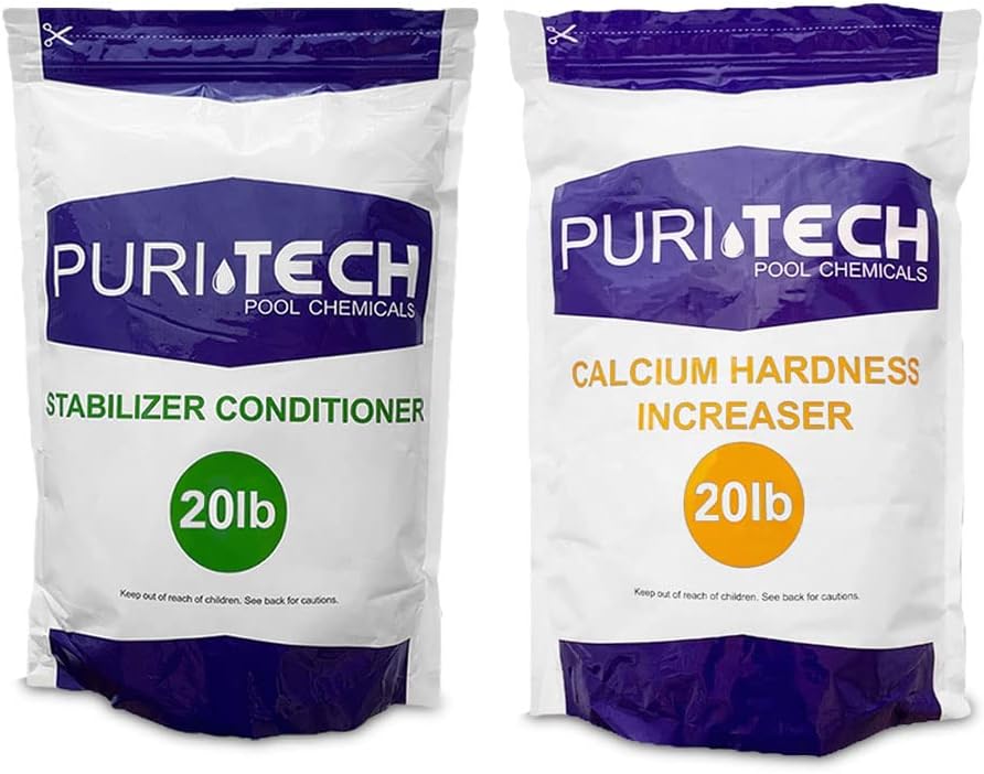 Puri Tech Chemicals 20 lb Calcium Hardness Increaser & 20 lb Stabilizer Conditioner Kit for Swimming Pools & Spas Balance Levels Keep Surfaces & Water Clean