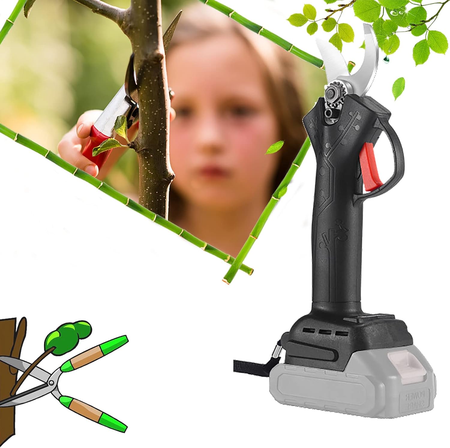 Electric Cordless Pruning Shears Electric Garden Shears Electric Scissors, 4 Gear Garden Fruit Tree Pruning Power Tool Branch Cutter, Secateurs 0~30mm for Garden/Patio Set3 black