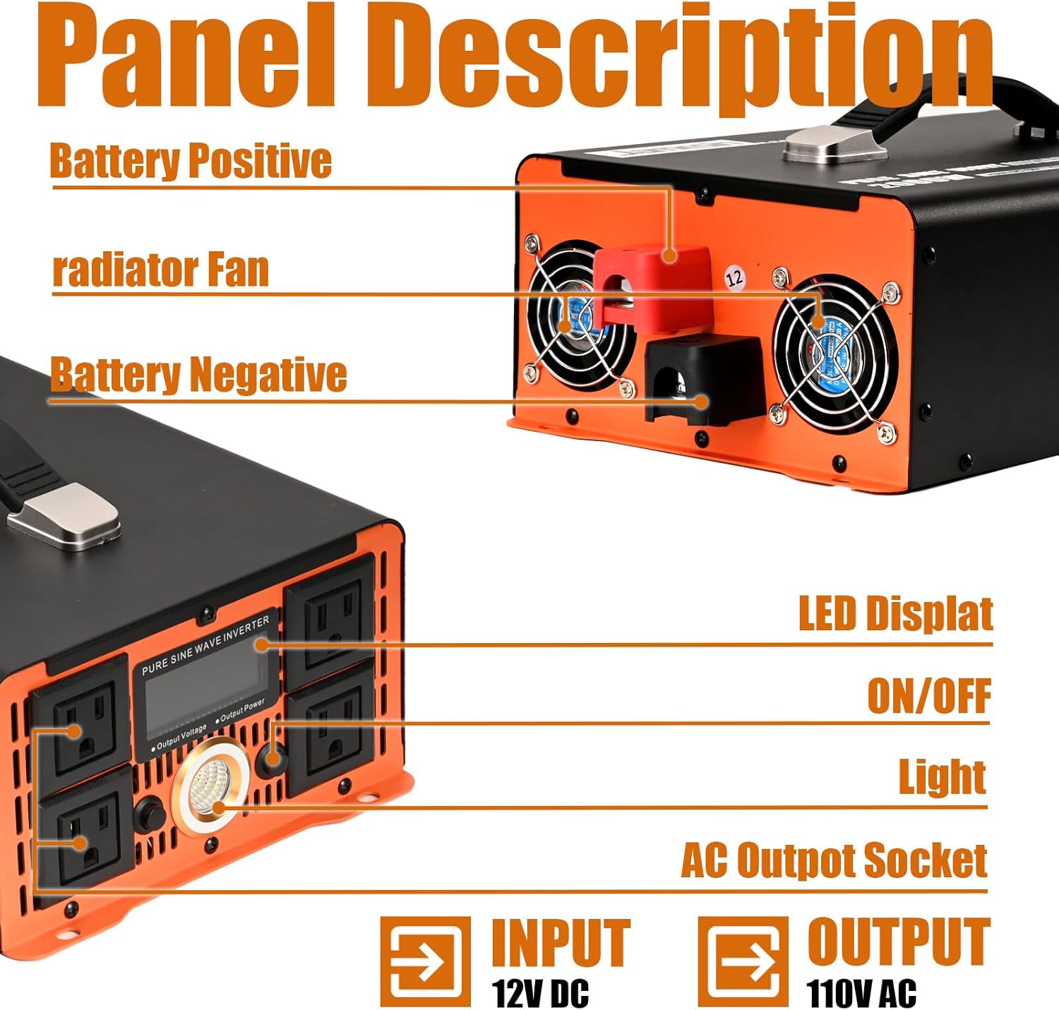 Jamesin Pure Sine Wave Inverter 3000 Watts, 6000 Watts Peak Power, 12 VDC to 110/120 VAC with LED Display for Home, Truck, Car, RV, Residential Solar Systems