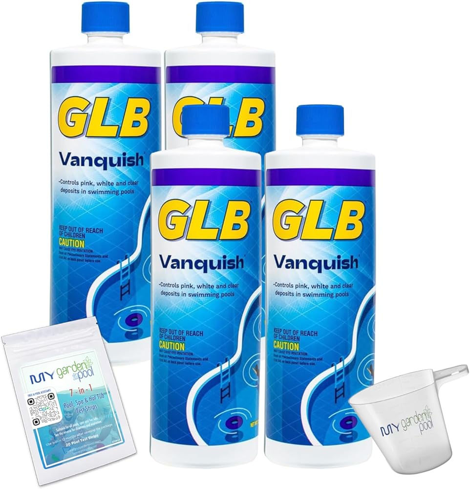 GLB Vanquish Deposit Control 32 FL OZ 71118A with My Garden Pool 7 in 1 Test Strips and Measuring Cup, 4 Pack