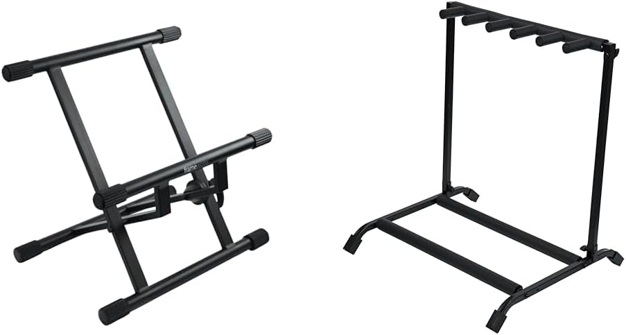 Gator Frameworks Adjustable Guitar Amp Stand; Fits Most Combo Amplifiers (GFW-GTR-AMP) & Rok-It Multi Guitar Stand Rack with Folding Design; Holds up to 5 Electric or Acoustic Guitars (RI-GTR-RACK5)